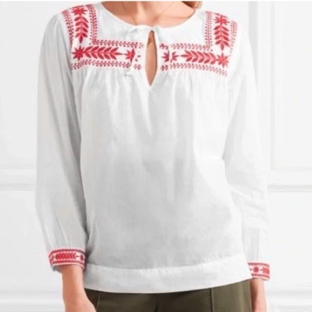 J. Crew White Peasant Top Cotton Gauze Red Embroidery Lightweight PS Scandi Girl